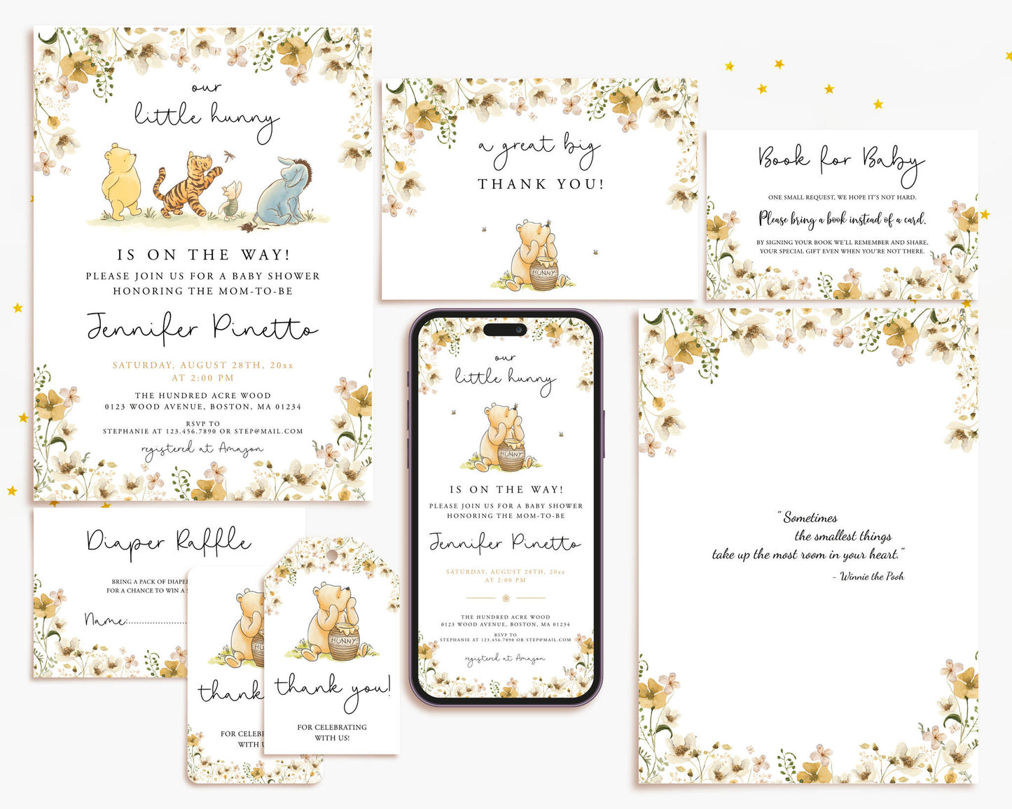 Luxury Winnie the Pooh baby shower invitation suite offering a fully coordinated, print-ready design experience.