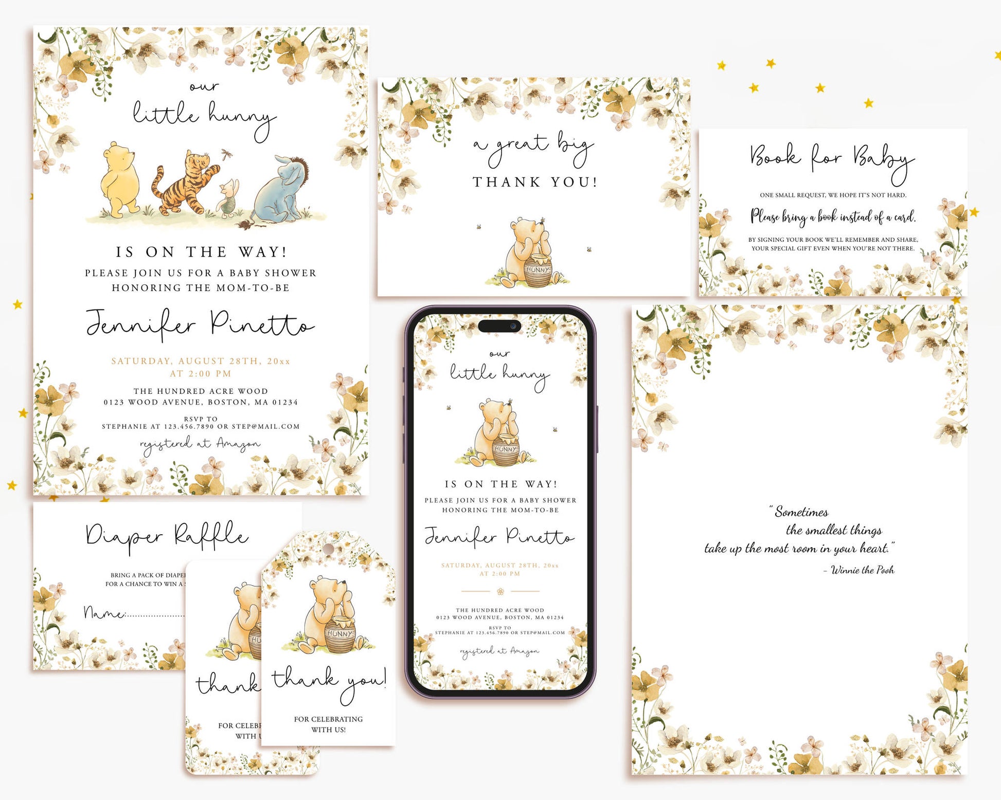Luxury Winnie the Pooh baby shower invitation suite offering a fully coordinated, print-ready design experience.