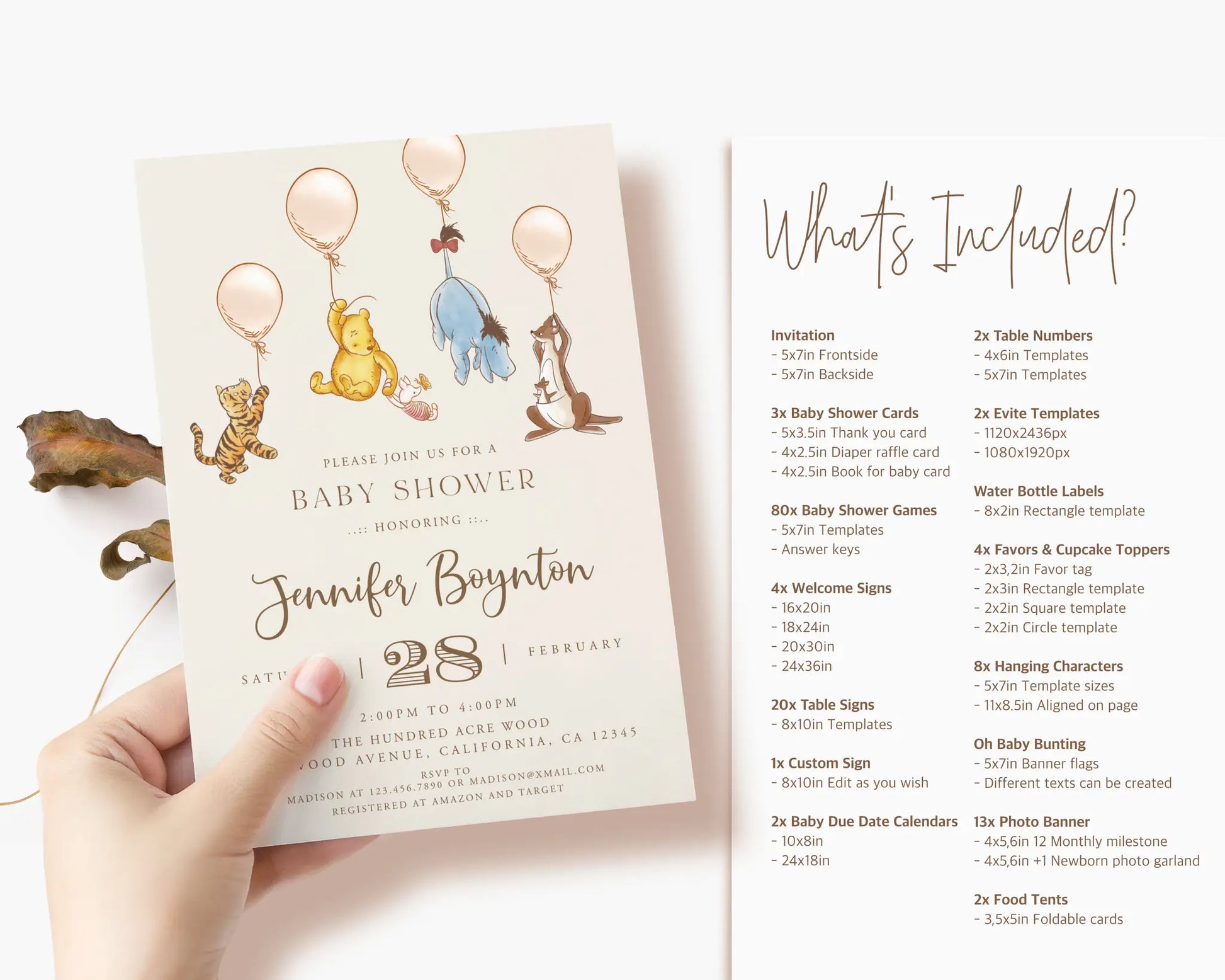 List of printable Winnie the Pooh baby shower templates including games, banners, bottle labels, cupcake toppers, and signs.