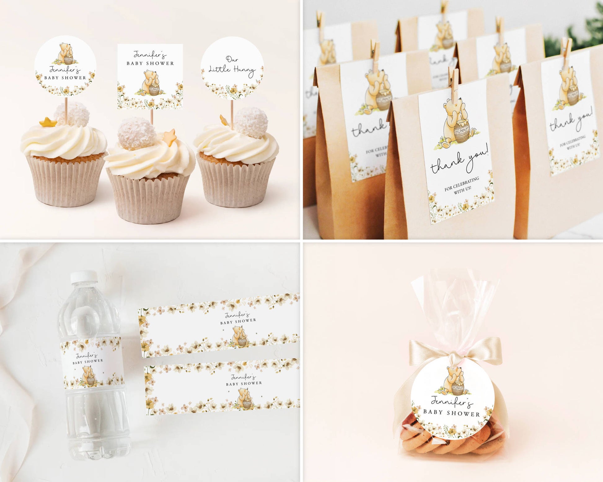 Winnie the Pooh cupcake toppers and favor labels that add charming, cohesive finishing touches to your baby shower.