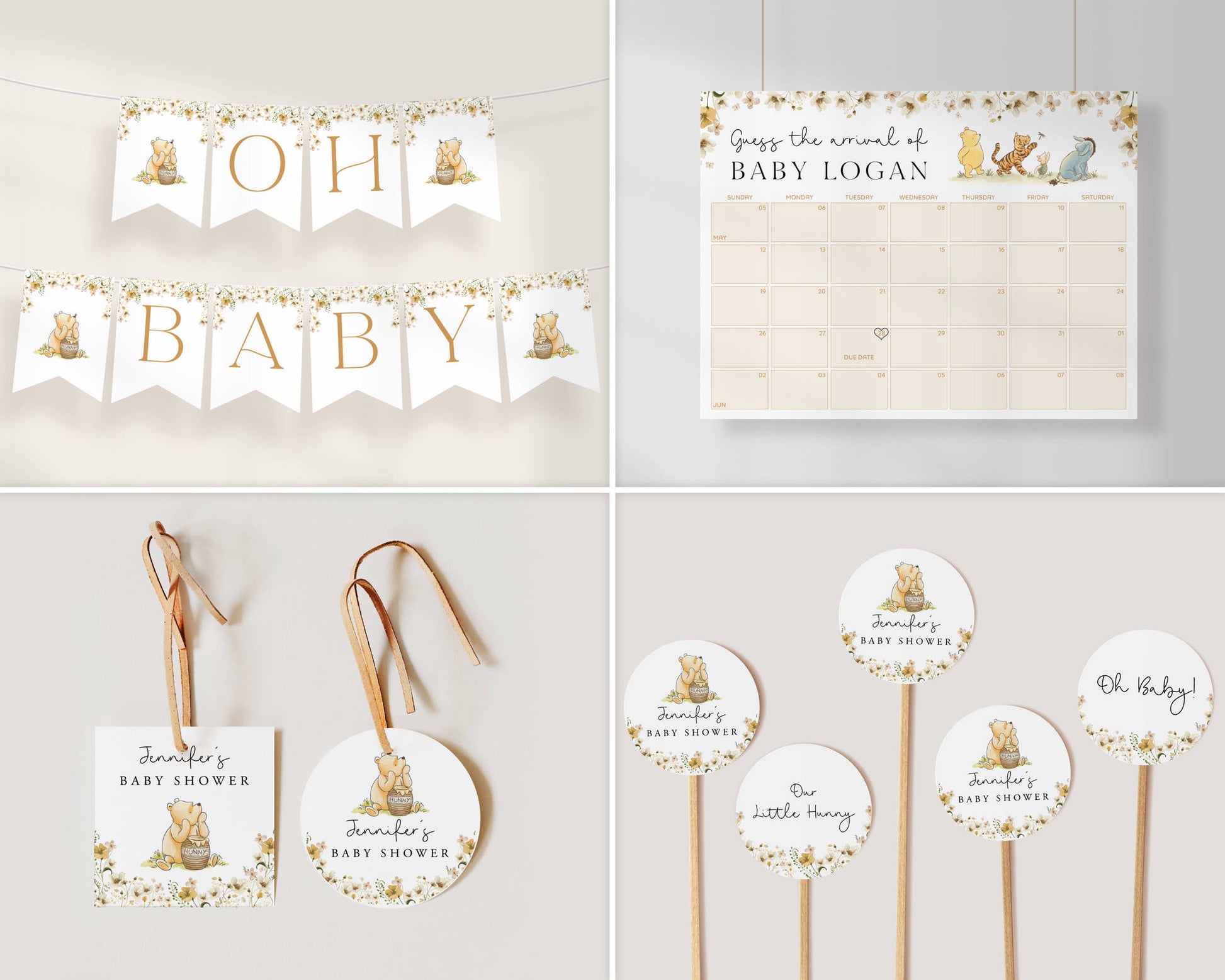 Coordinated Winnie the Pooh baby shower favor tags and party signs that create a cohesive, professional event look.