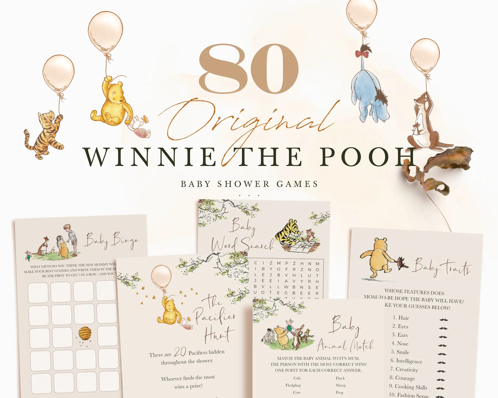 Printable Winnie the Pooh baby shower games and table signs featuring Pooh and woodland theme