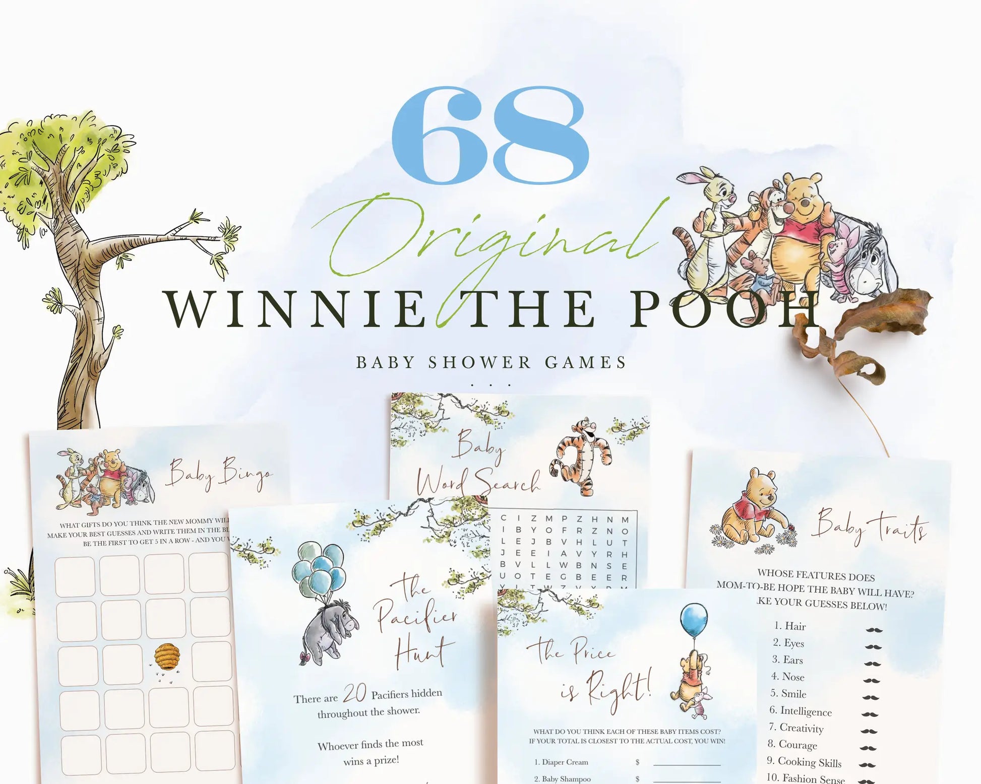 Collection preview of 68 original Winnie the Pooh baby shower games in coordinated blue theme, editable and printable.