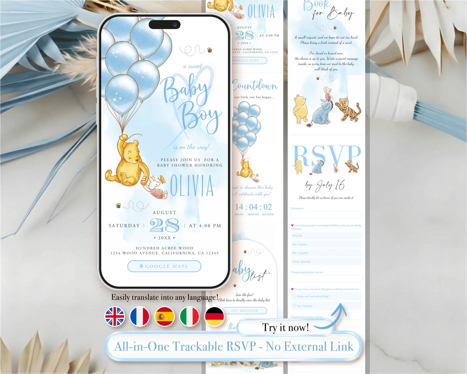 Mobile baby shower invitation for boys featuring Winnie the Pooh with blue balloons and trackable RSVP