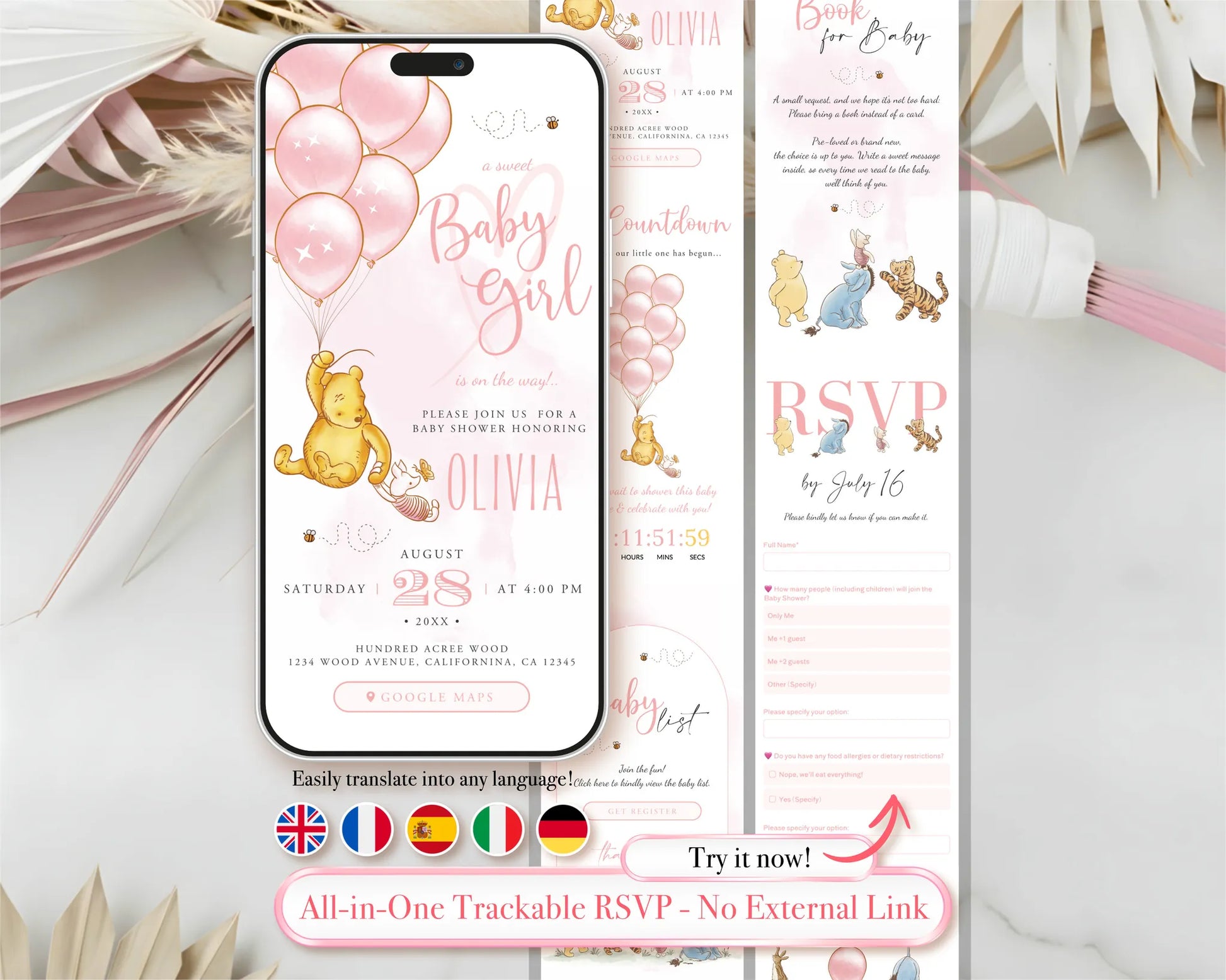 Mobile baby shower invitation for girls featuring Winnie the Pooh with pink balloons and trackable RSVP