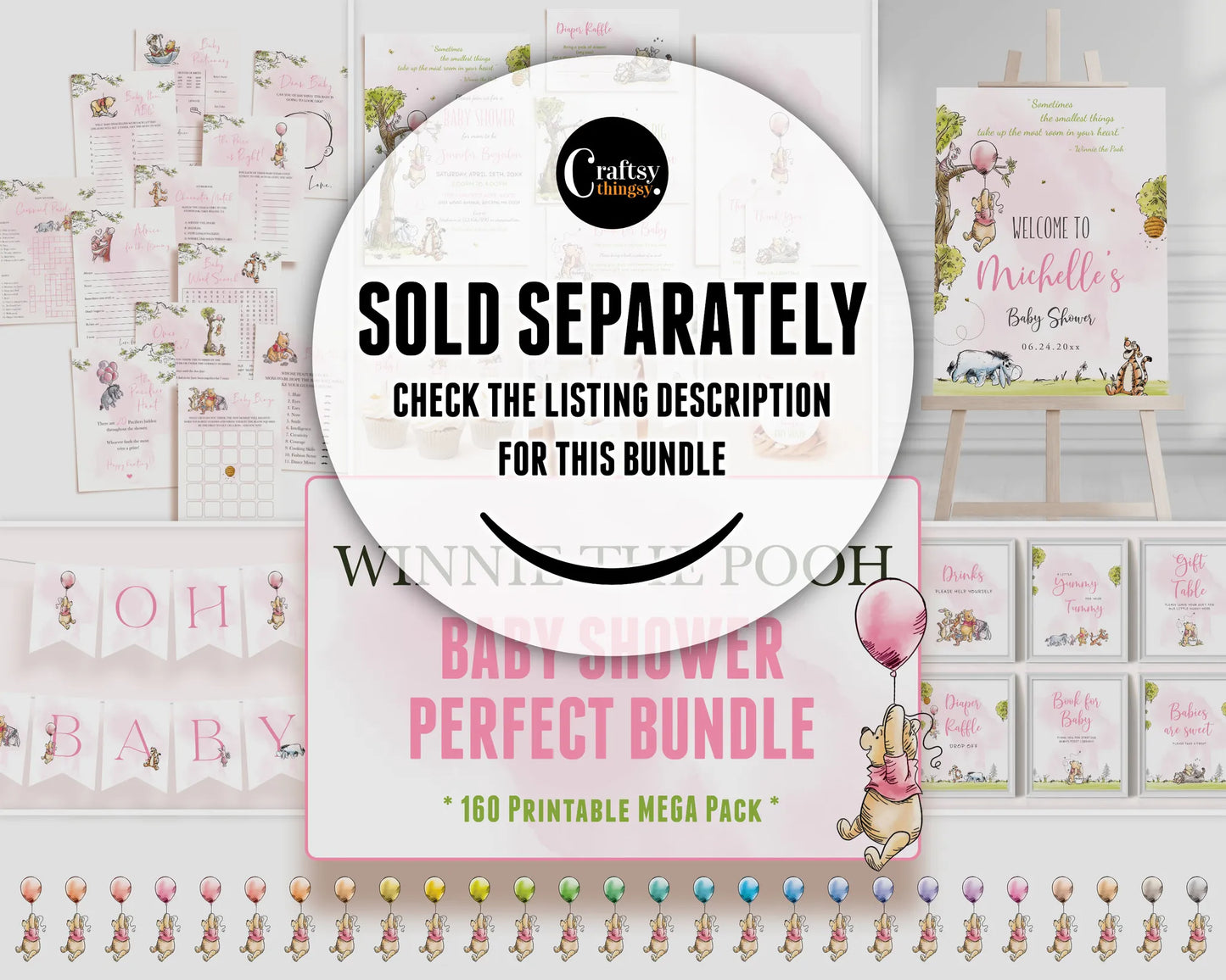 Winnie the Pooh baby shower perfect bundle promo showing various games and banners sold separately