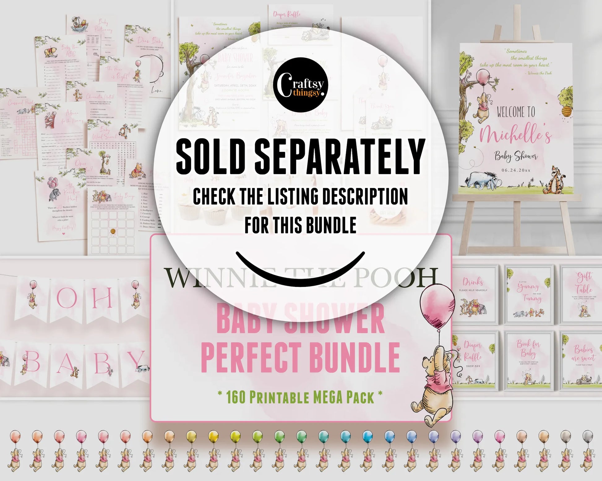 Winnie the Pooh baby shower perfect bundle promo showing various games and banners sold separately