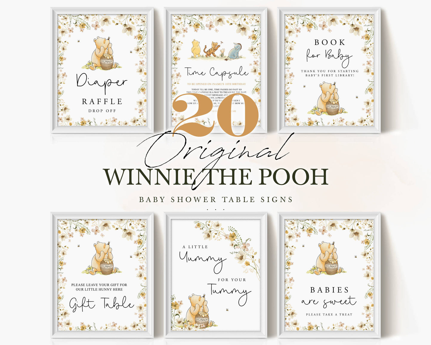 Coordinated Winnie the Pooh baby shower table signs that instantly elevate your event’s décor consistency and style.
