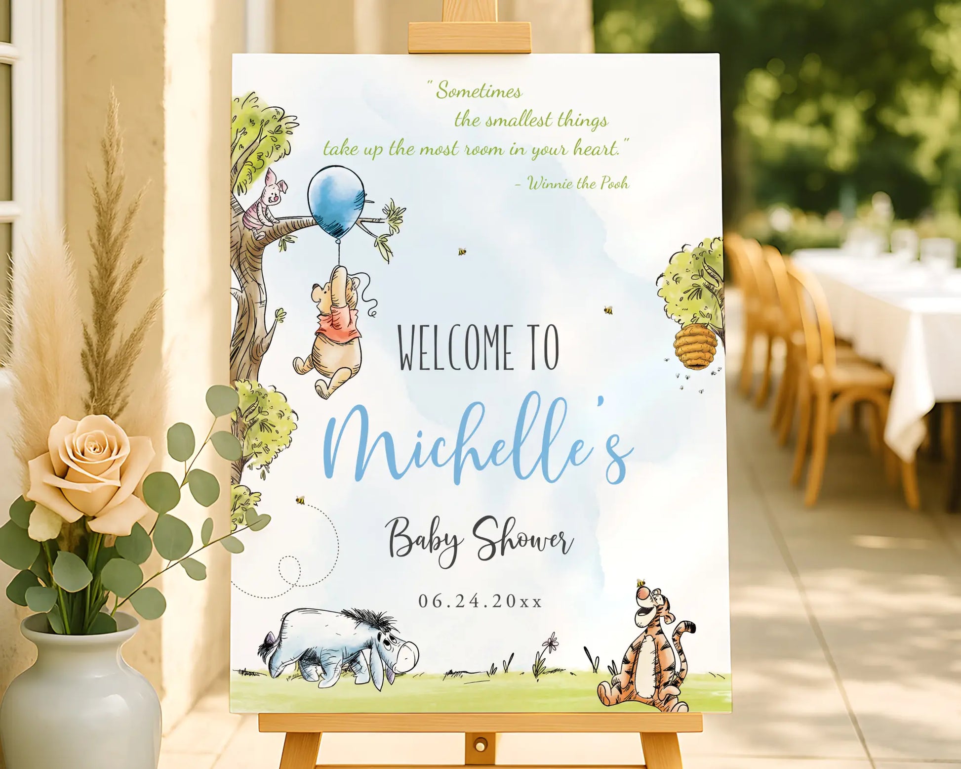 Winnie the Pooh baby shower poster for boy with watercolor Pooh and friends, customizable Canva template