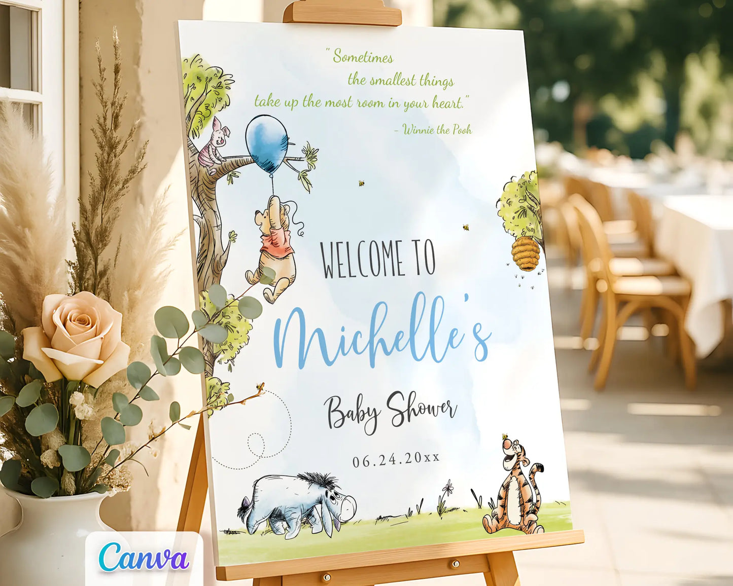 Winnie the Pooh baby shower welcome sign for boy featuring Pooh, Piglet, Eeyore, and Tigger in watercolor woodland design, editable in Canva