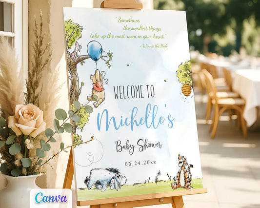 Winnie the Pooh baby shower welcome sign for boy featuring Pooh, Piglet, Eeyore, and Tigger in watercolor woodland design, editable in Canva