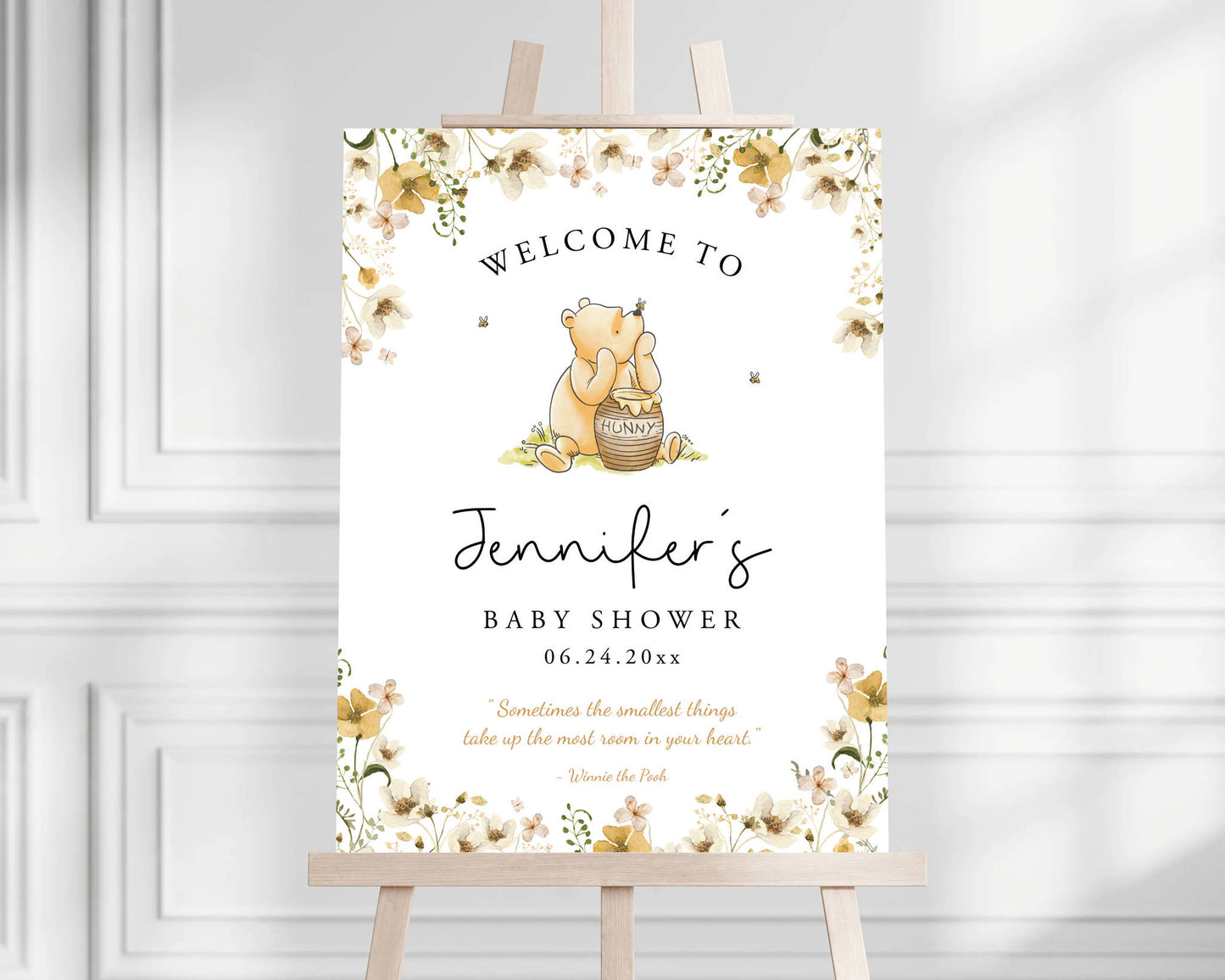 Premium Winnie the Pooh baby shower welcome sign adding an elegant, personalized entrance décor statement.
