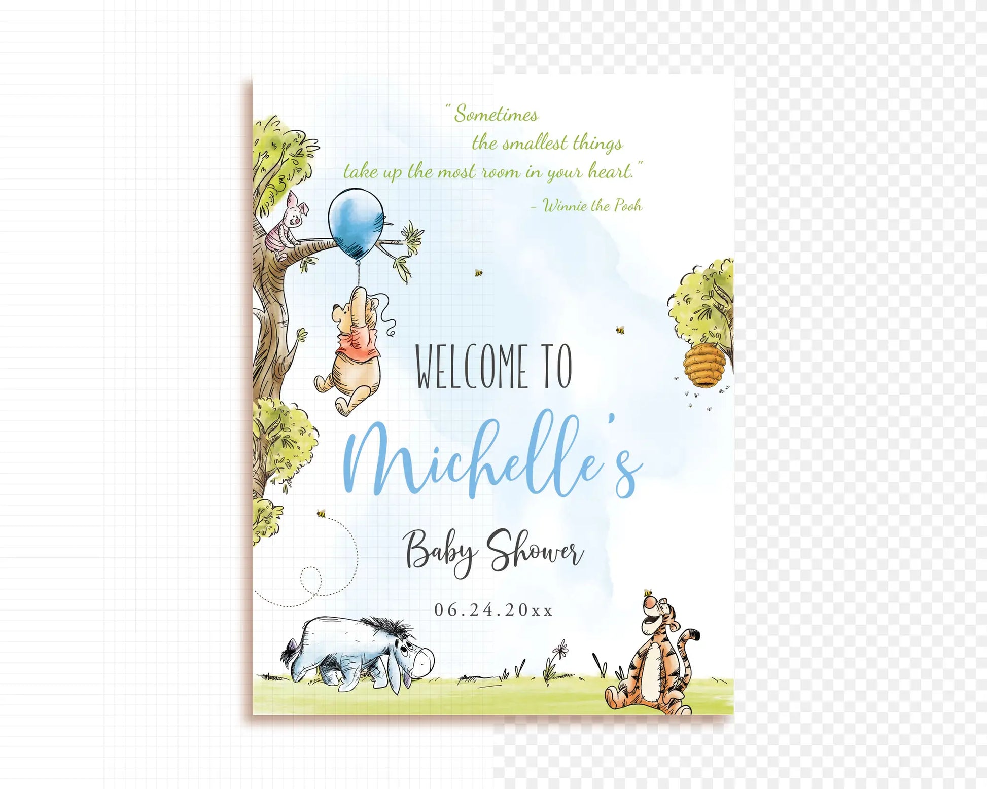Editable Winnie the Pooh baby shower welcome sign template preview with blue accents and balloon theme