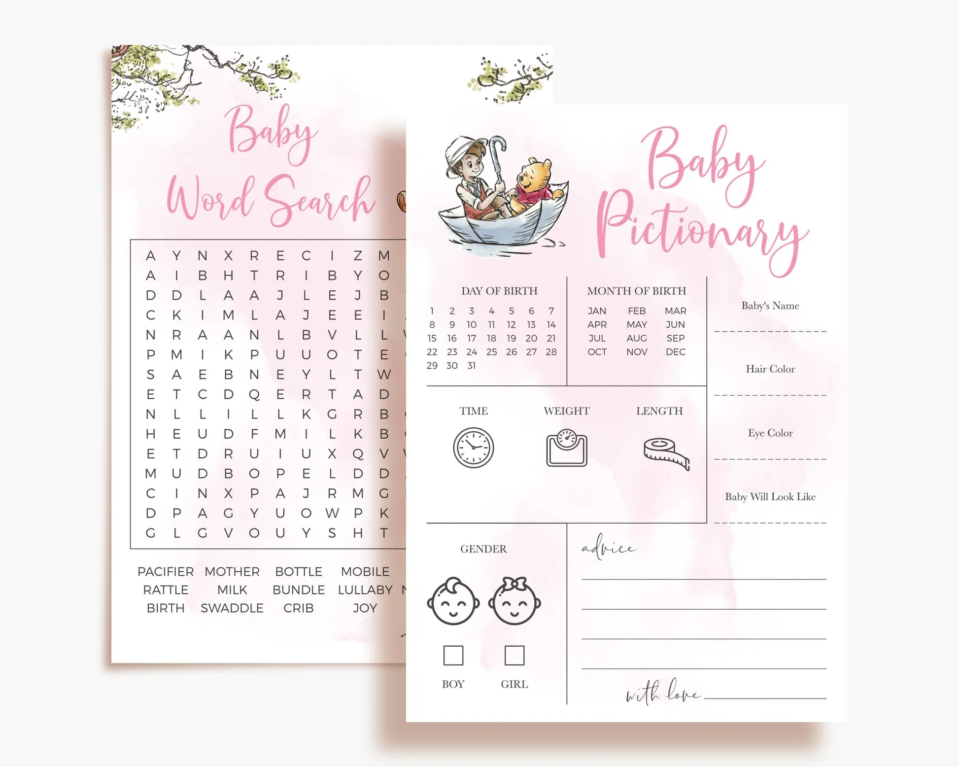 Baby Word Search and Baby Pictionary games featuring classic Winnie the Pooh illustrations
