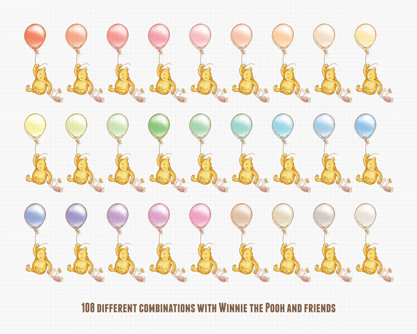 Winnie the Pooh holding balloons in pastel color variations for gender neutral baby shower designs