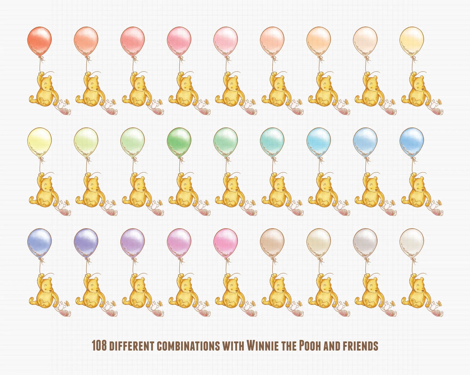 Winnie the Pooh holding balloons in pastel color variations for gender neutral baby shower designs