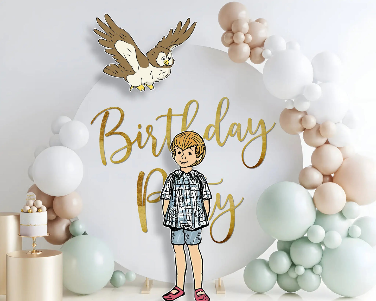 Winnie the Pooh themed birthday backdrop with Christopher Robin and friends, printable cutout decorations.