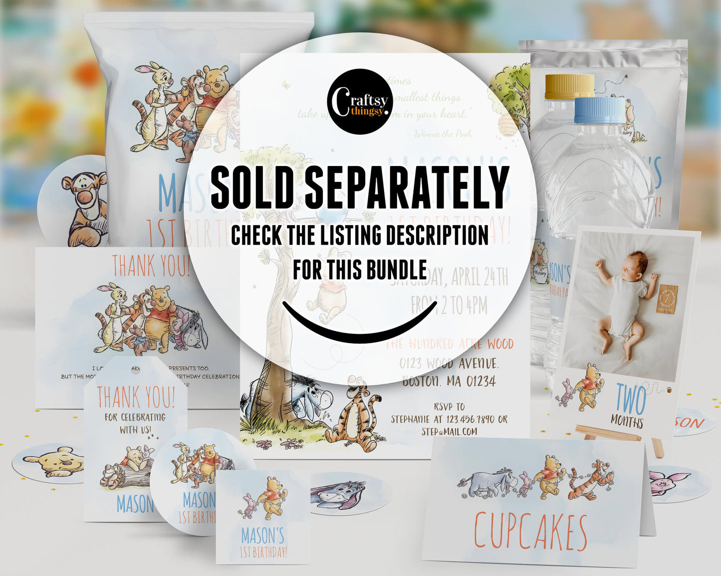 Winnie the Pooh birthday party matching printable decor items bundle for boys shown as sold separately