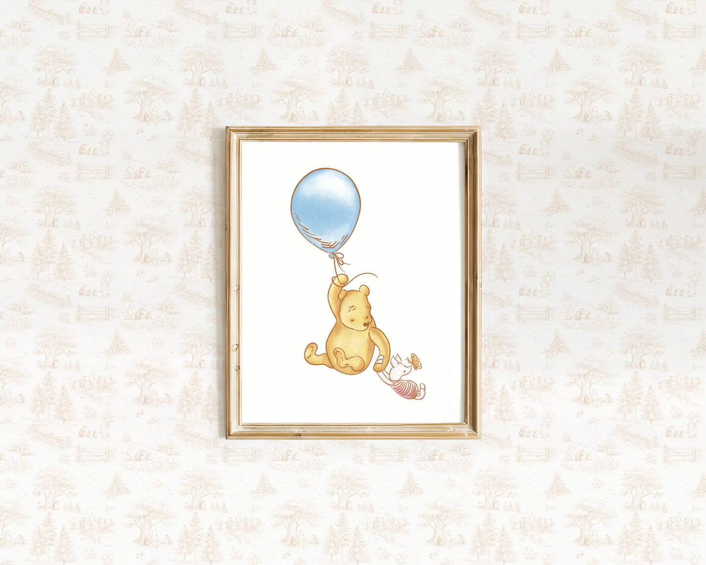 Classic Winnie the Pooh floating with a blue balloon watercolor nursery wall decor