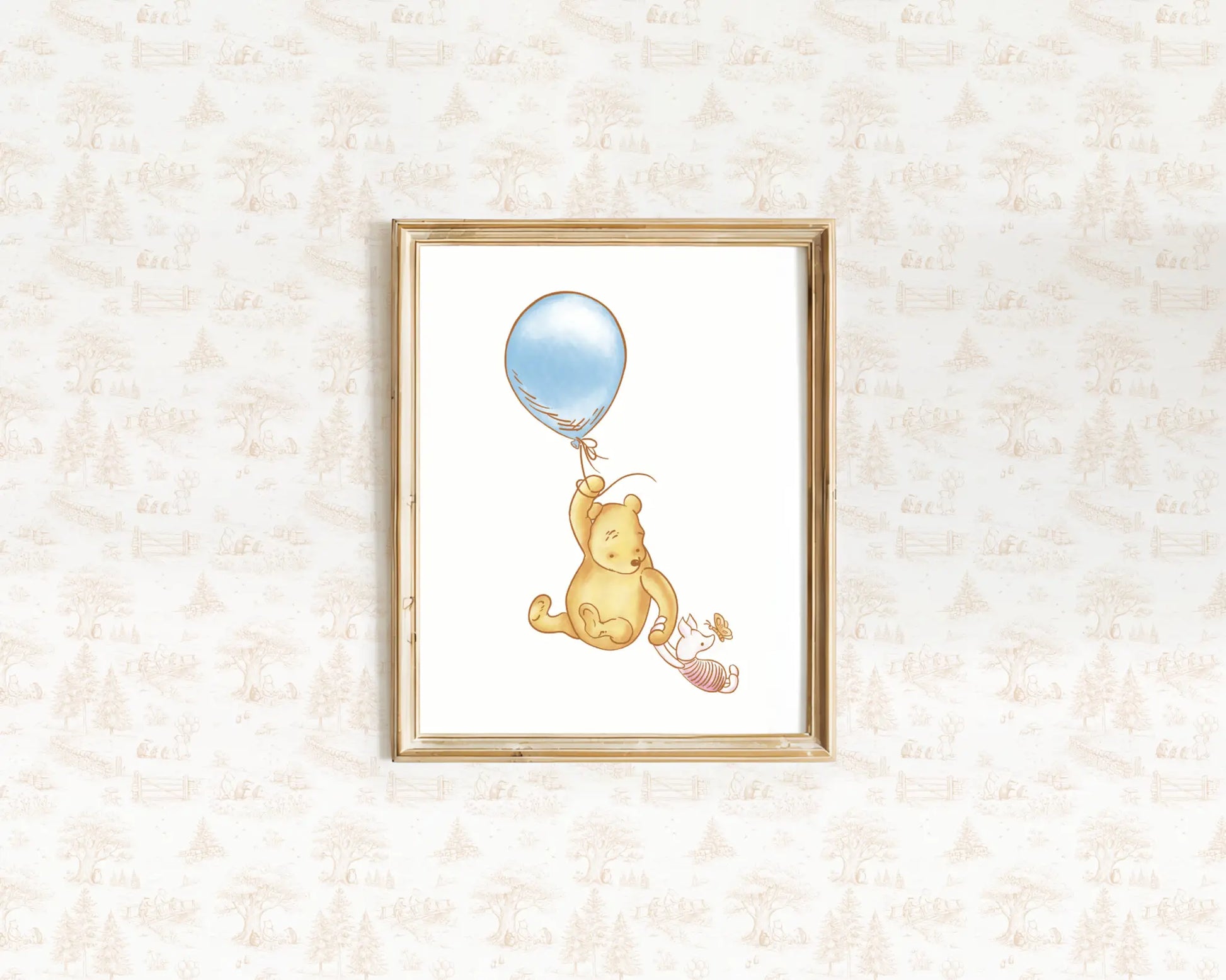 Classic Winnie the Pooh floating with a blue balloon watercolor nursery wall decor