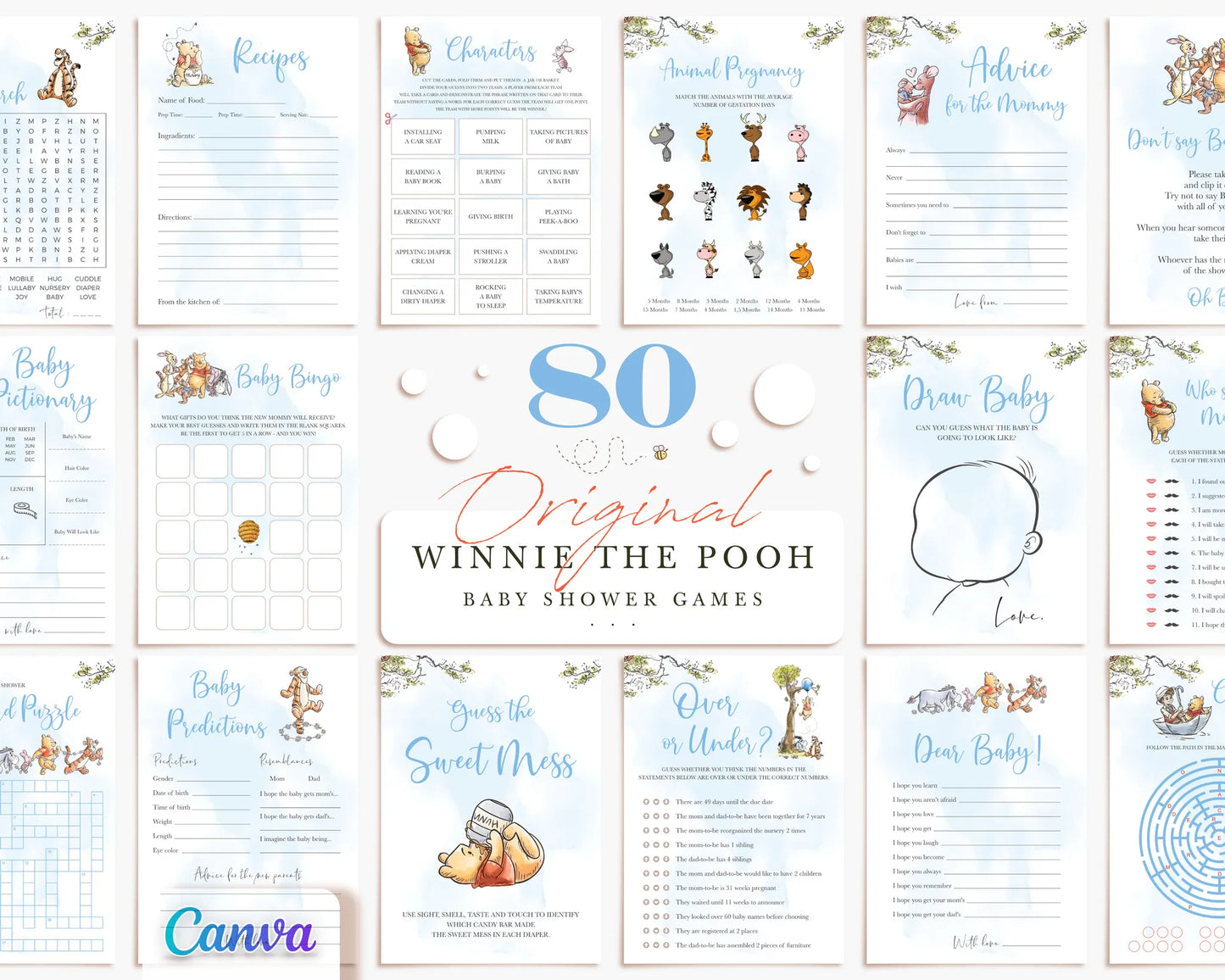 Mega bundle of 80 Winnie the Pooh original baby shower games with blue watercolor theme