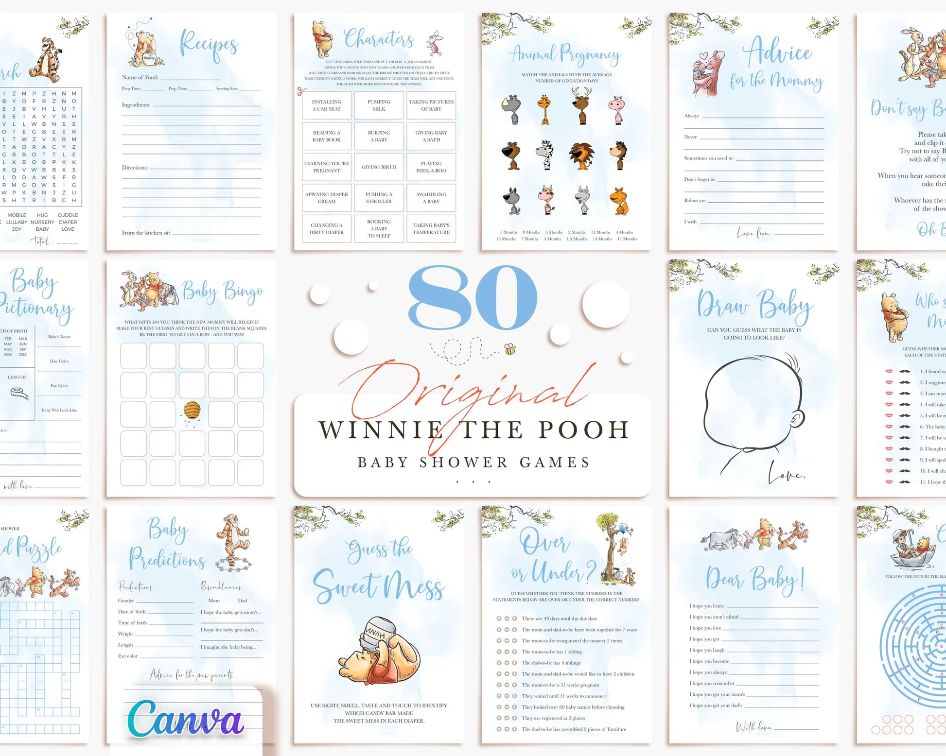 Mega bundle of 80 Winnie the Pooh original baby shower games with blue watercolor theme