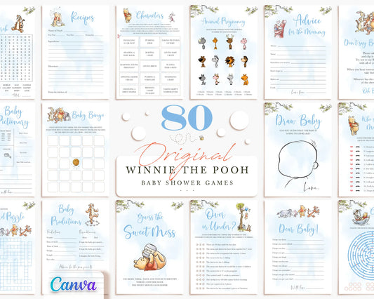 Mega bundle of 80 Winnie the Pooh original baby shower games with blue watercolor theme