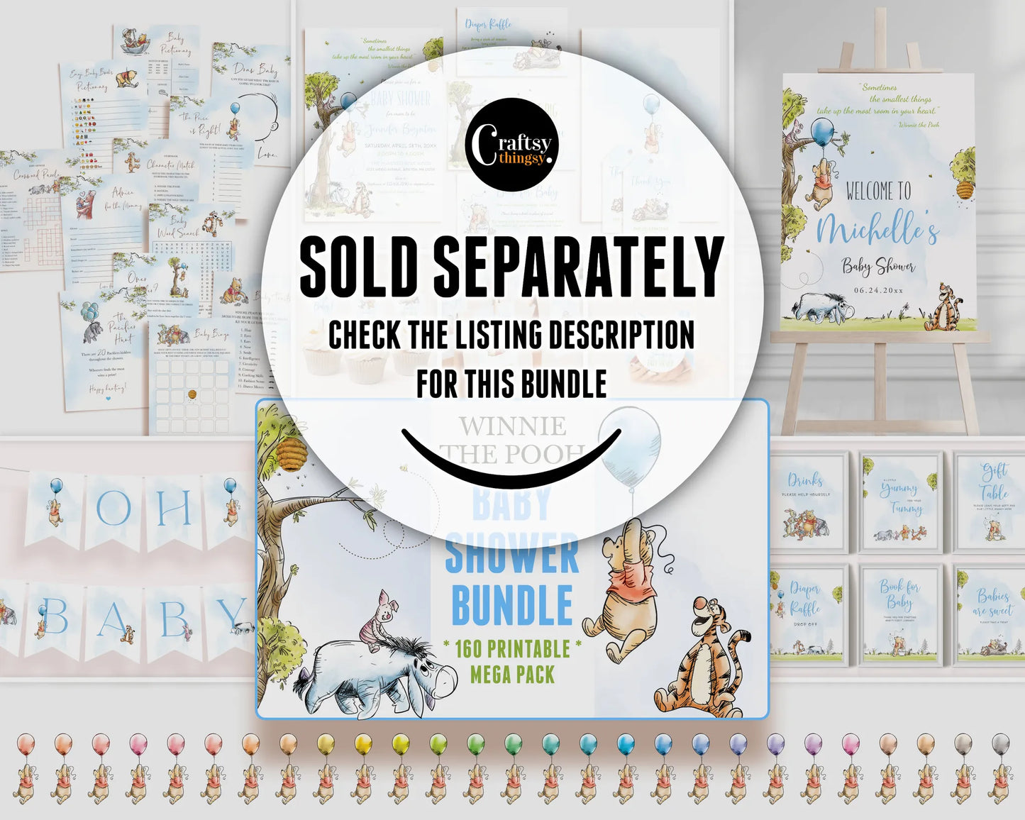 Winnie the Pooh boy baby shower perfect bundle promo showing various games and banners