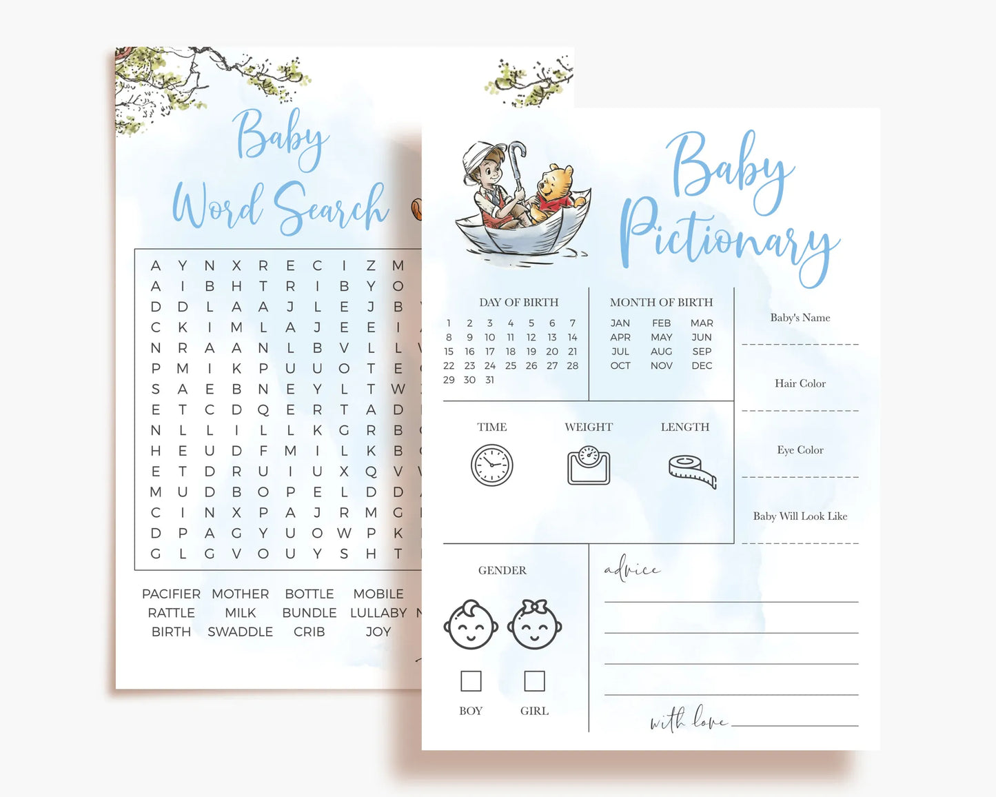 Baby Word Search and Baby Pictionary games featuring classic Winnie the Pooh boy illustrations