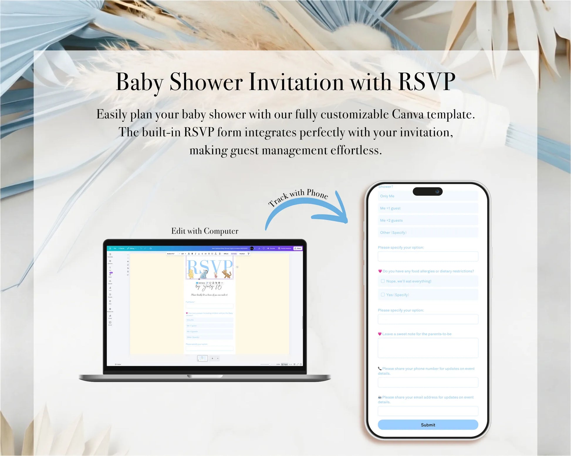 Integration of boy baby shower invitation and RSVP system shown on laptop and mobile devices