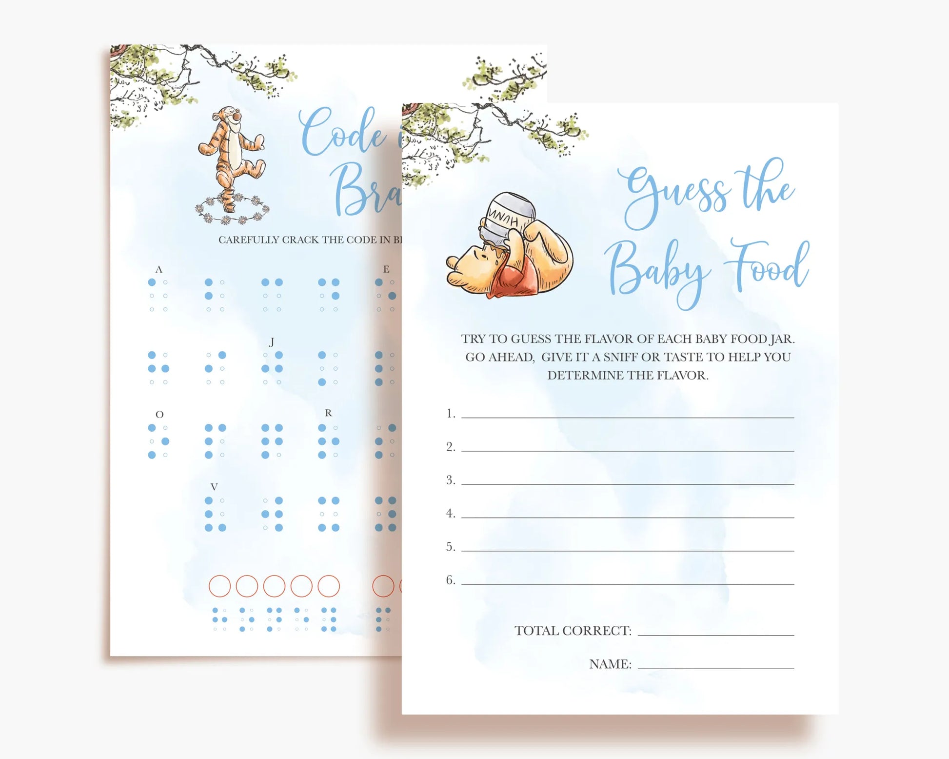 Guess the Baby Food game card with Winnie the Pooh and blue watercolor splashes for boys