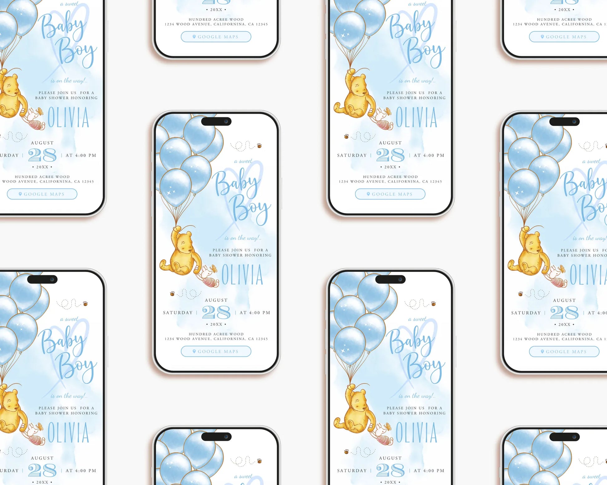 Pattern display of multiple smartphones showing the blue Winnie the Pooh baby shower invitation
