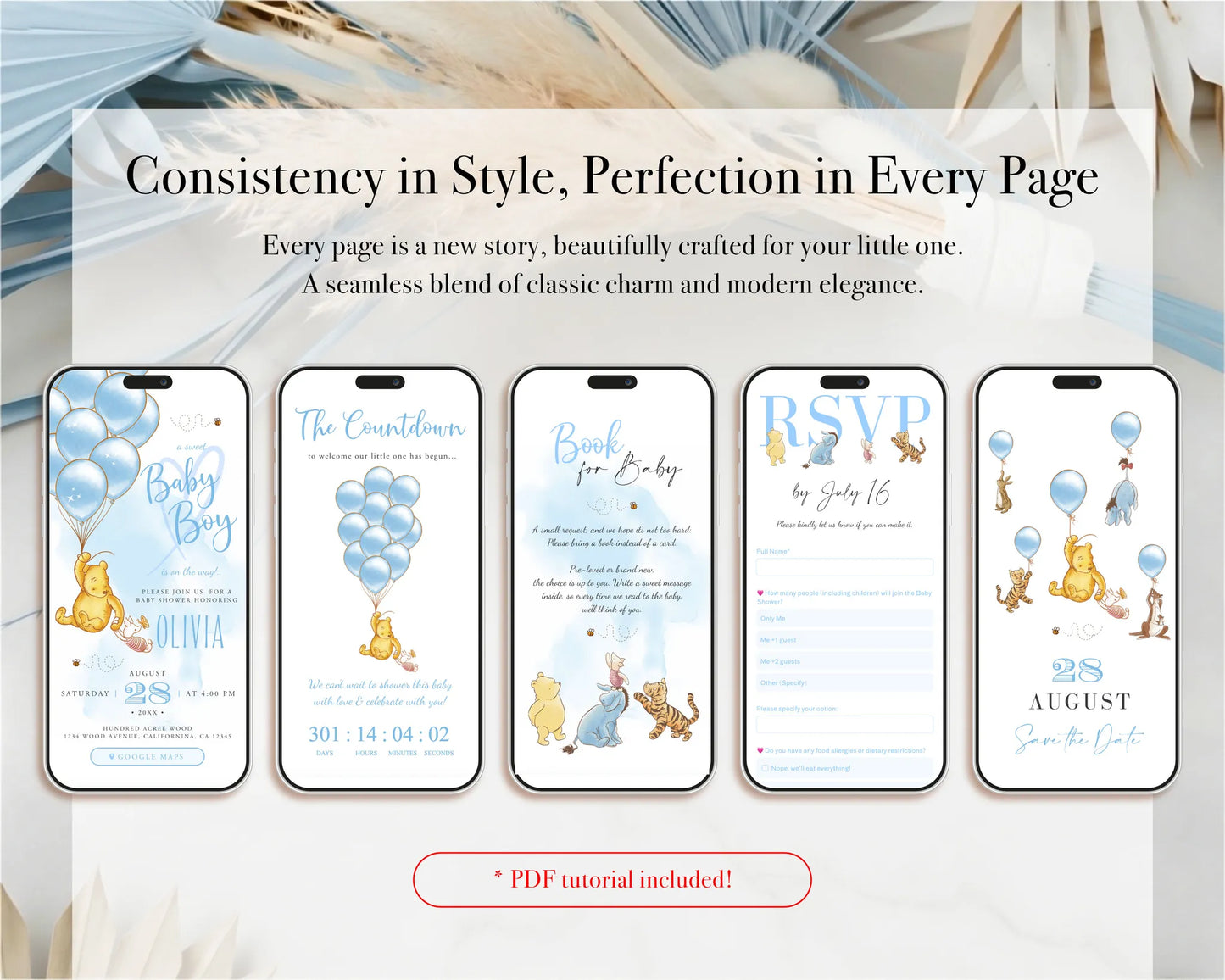A collection of mobile screens showing consistent blue design for baby shower invitation and RSVP pages
