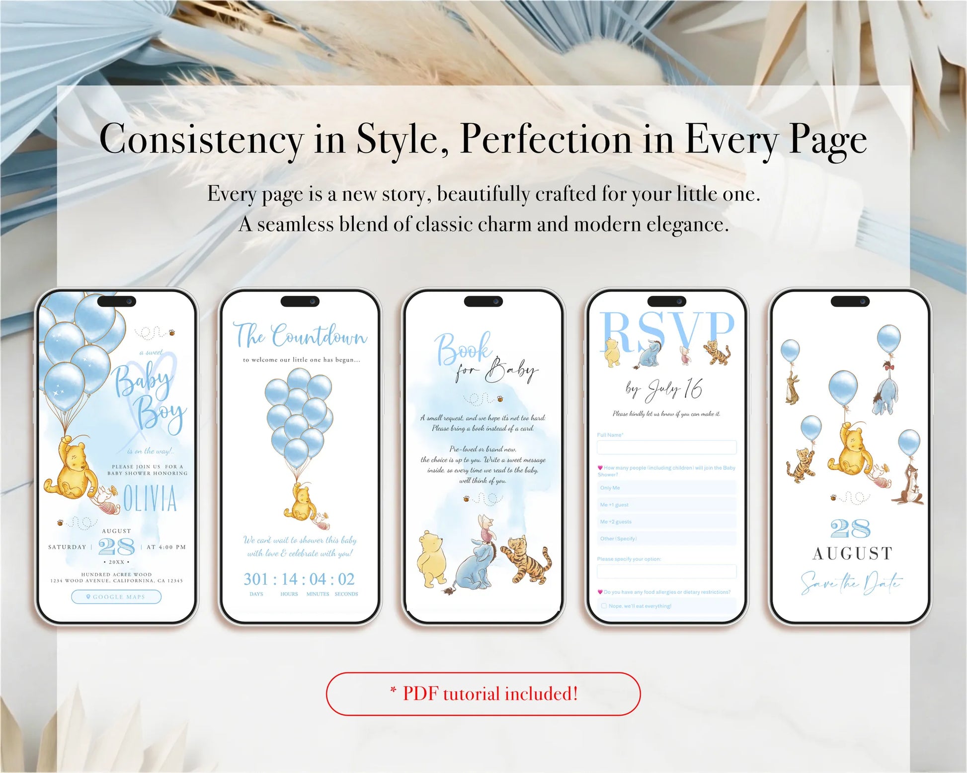 A collection of mobile screens showing consistent blue design for baby shower invitation and RSVP pages