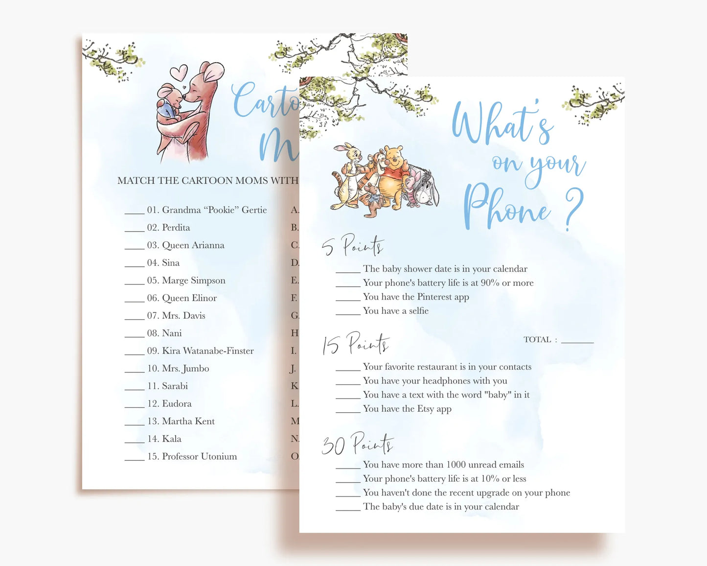 What's on Your Phone baby shower game template featuring Winnie the Pooh in blue theme