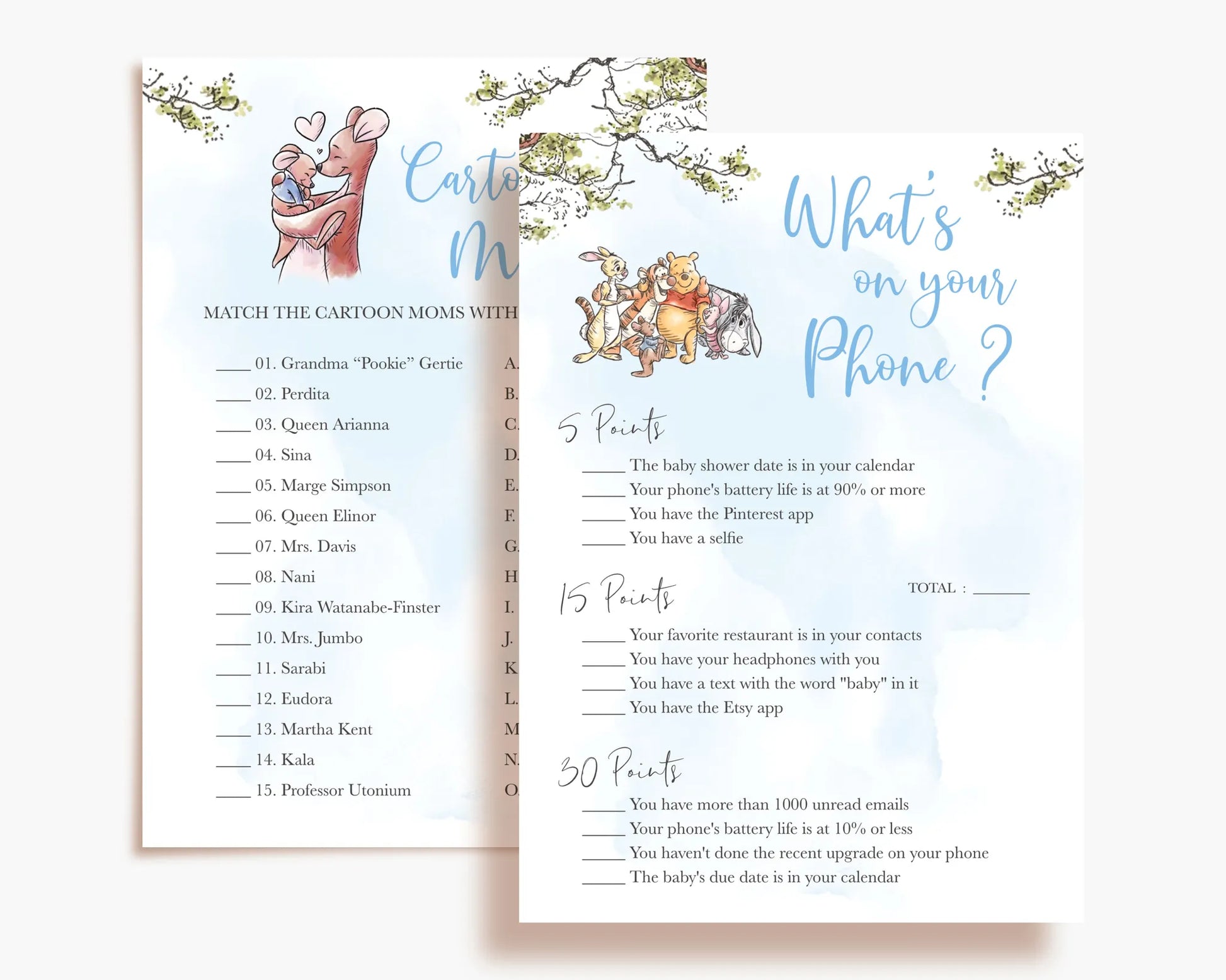 What's on Your Phone baby shower game template featuring Winnie the Pooh in blue theme