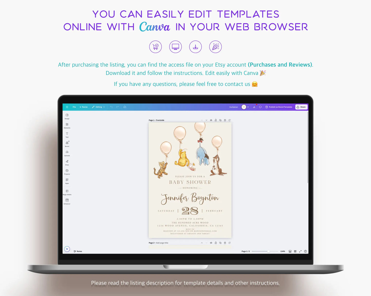 Editable Winnie the Pooh baby shower template preview on Canva laptop screen – easy to personalize online