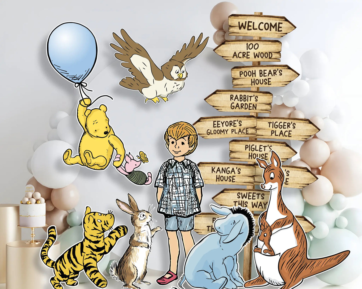Winnie the Pooh and friends cutout decor for birthday party, printable PDF with cutlines, baby shower backdrop design.
