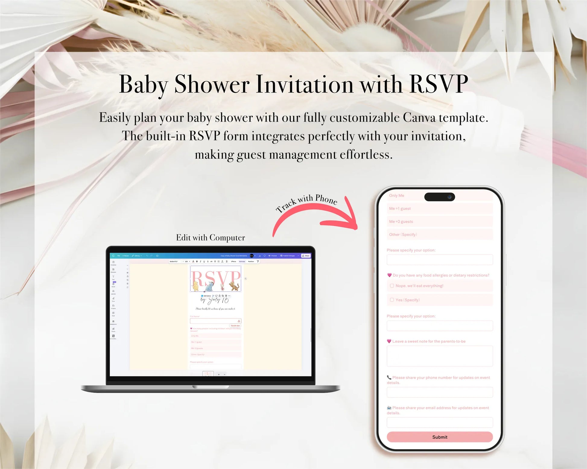 Integration of baby shower invitation and RSVP system shown on laptop and mobile devices