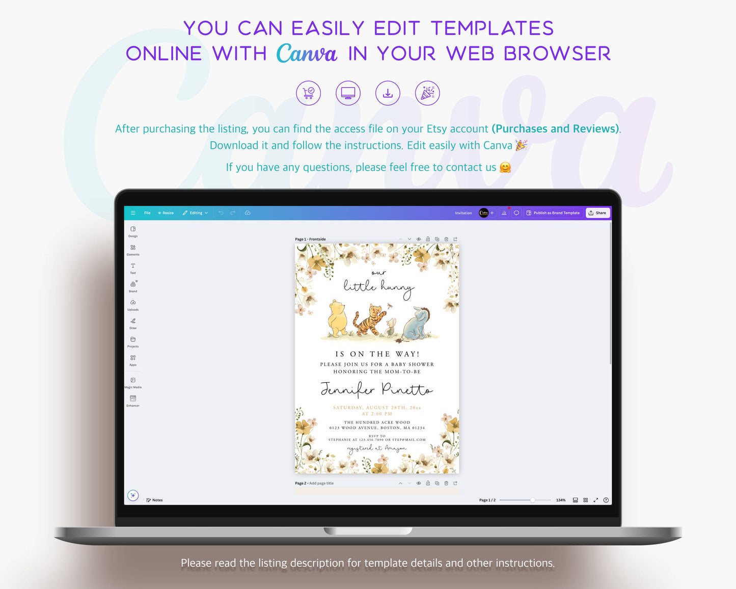 Fully editable Winnie the Pooh baby shower template enabling quick customization and effortless professional-quality results.