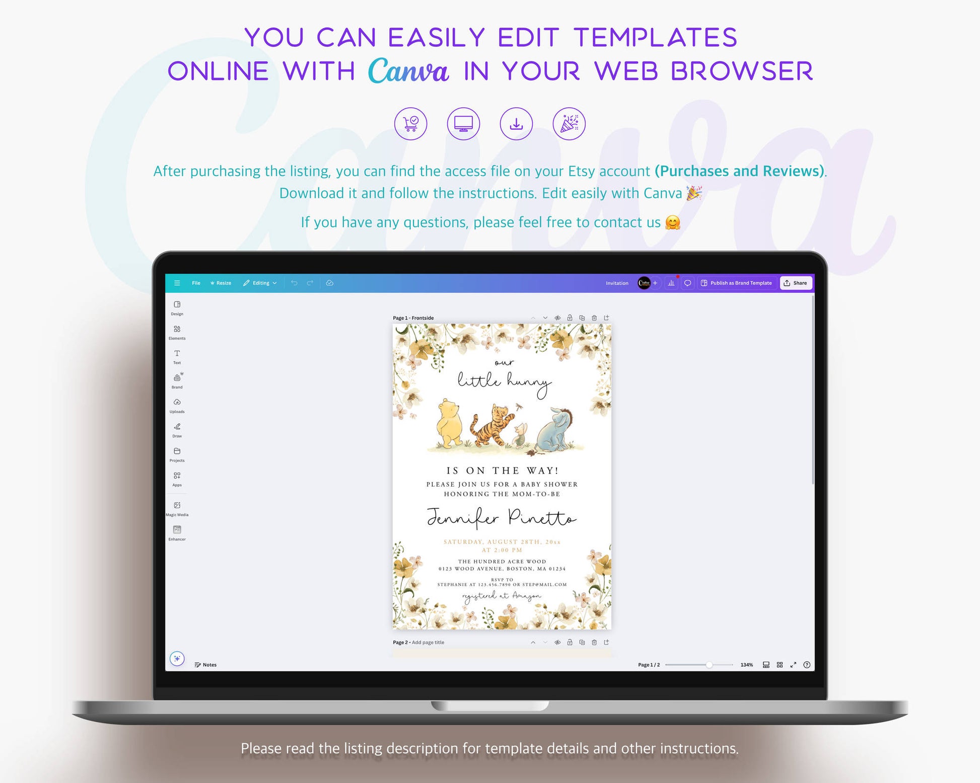 Fully editable Winnie the Pooh baby shower template enabling quick customization and effortless professional-quality results.