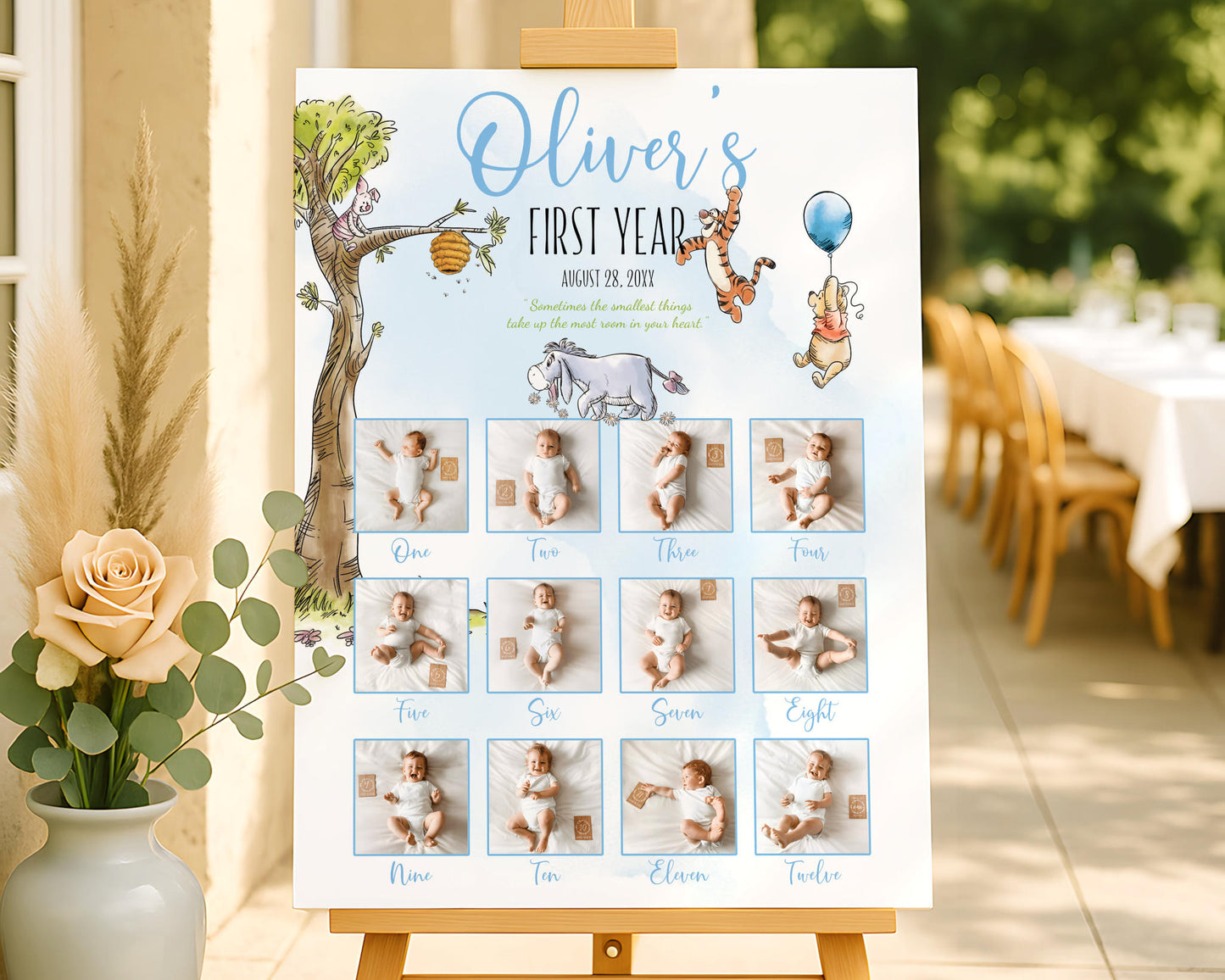 Winnie the Pooh first year photo board featuring a monthly baby photo timeline in a boy theme