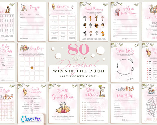 Mega bundle of 80 Winnie the Pooh original baby shower games with pink watercolor theme