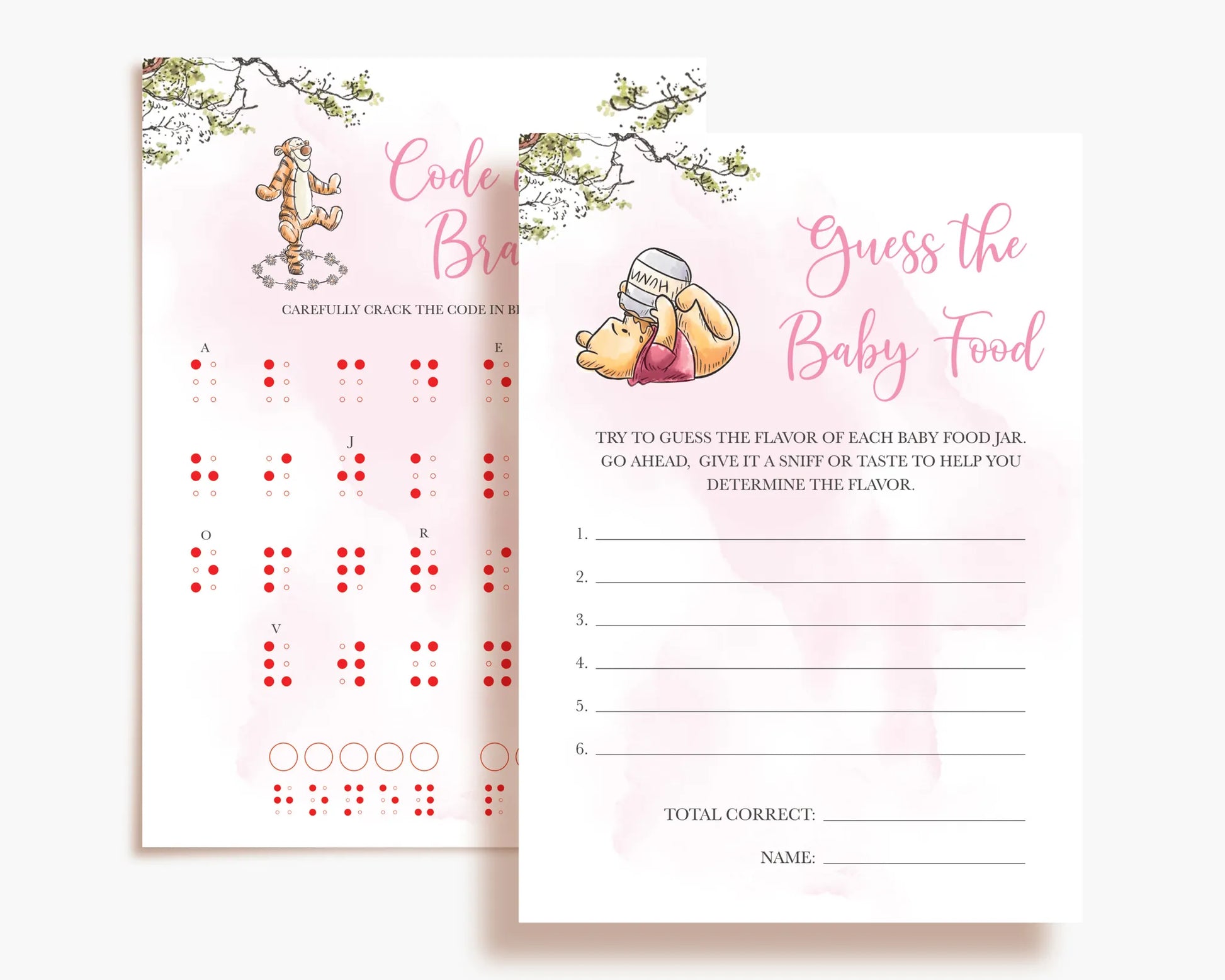 Guess the Baby Food game card with Winnie the Pooh holding a honey pot and pink watercolor splashes