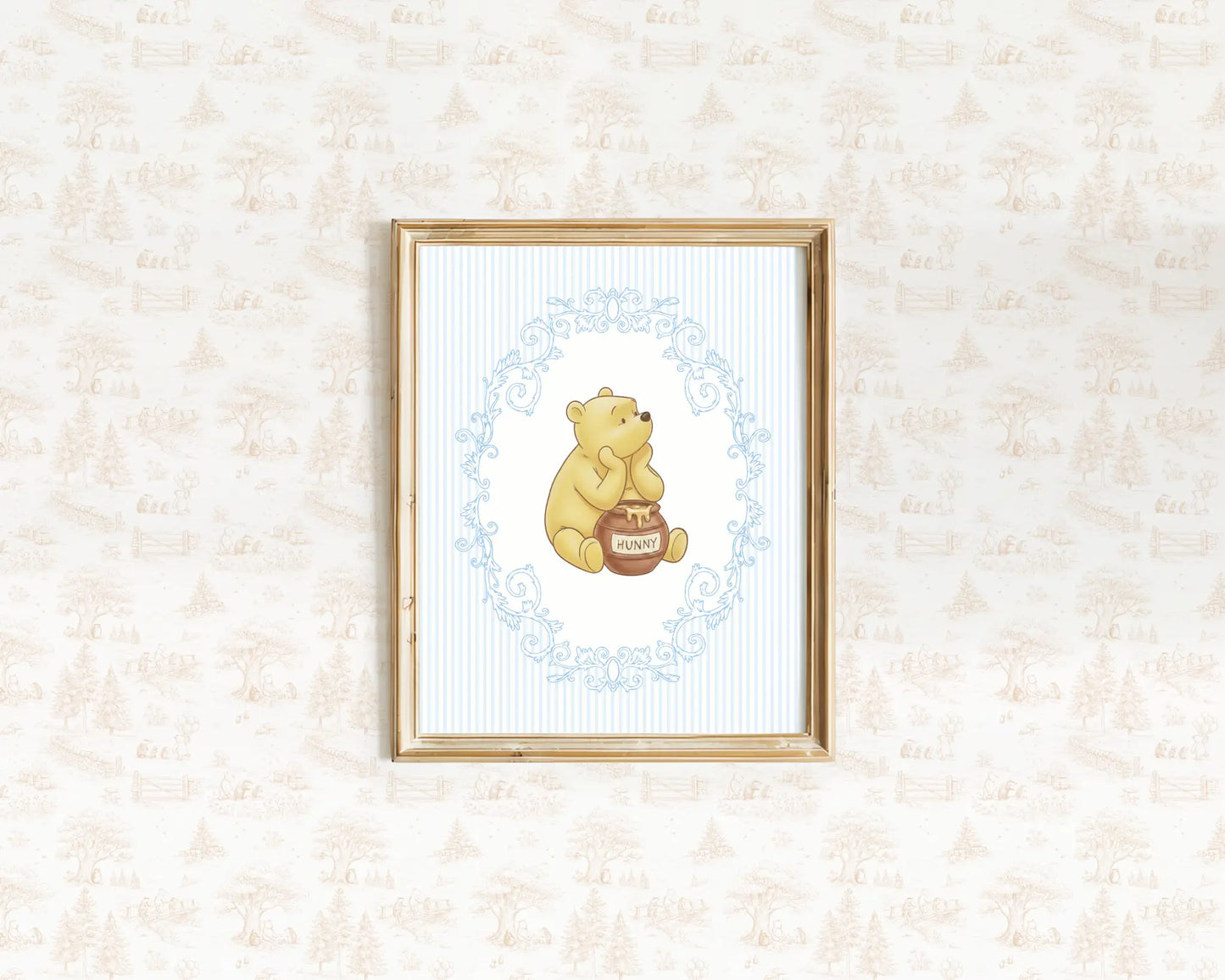 Classic Winnie the Pooh with honey pot on a light blue striped background nursery art