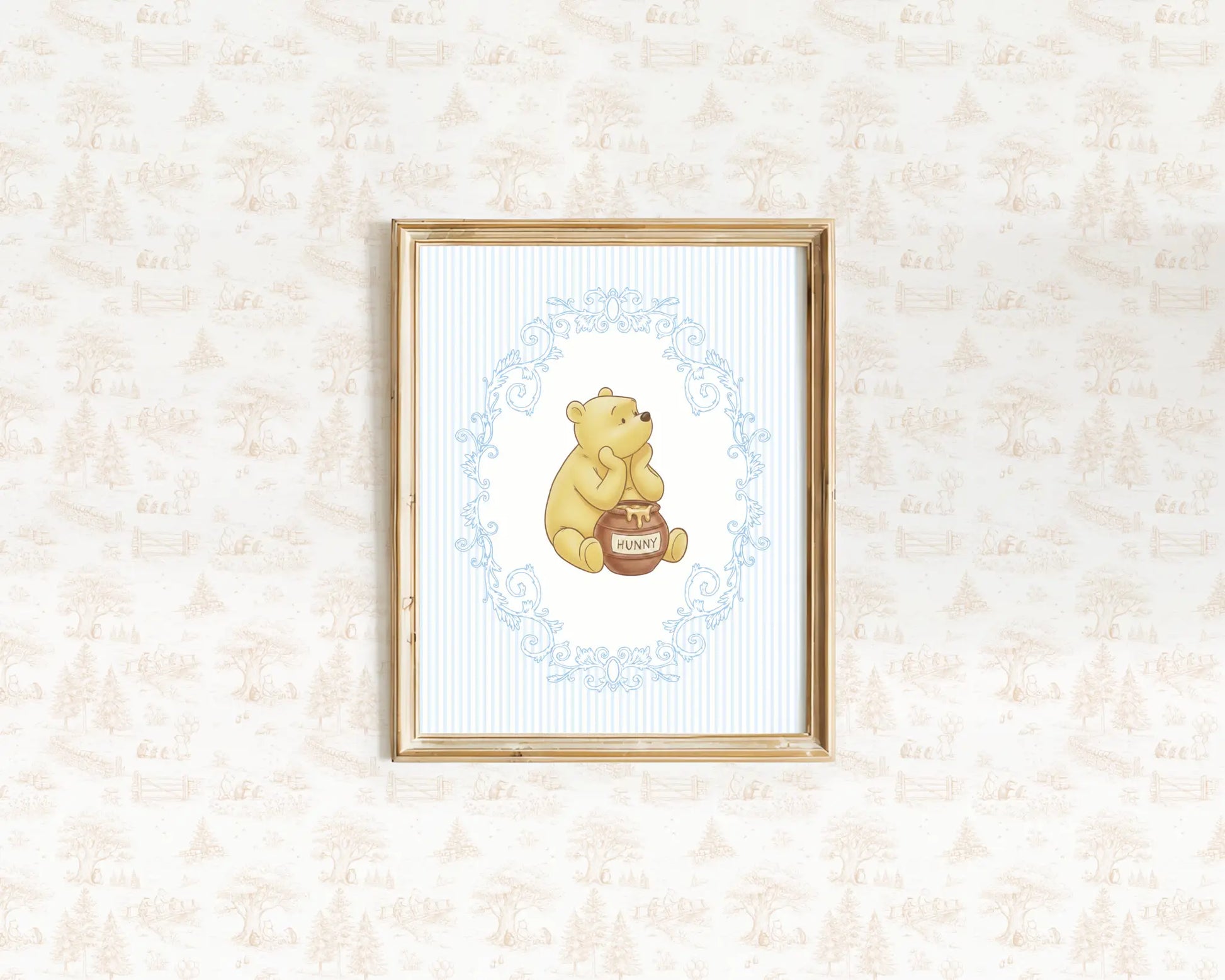 Classic Winnie the Pooh with honey pot on a light blue striped background nursery art