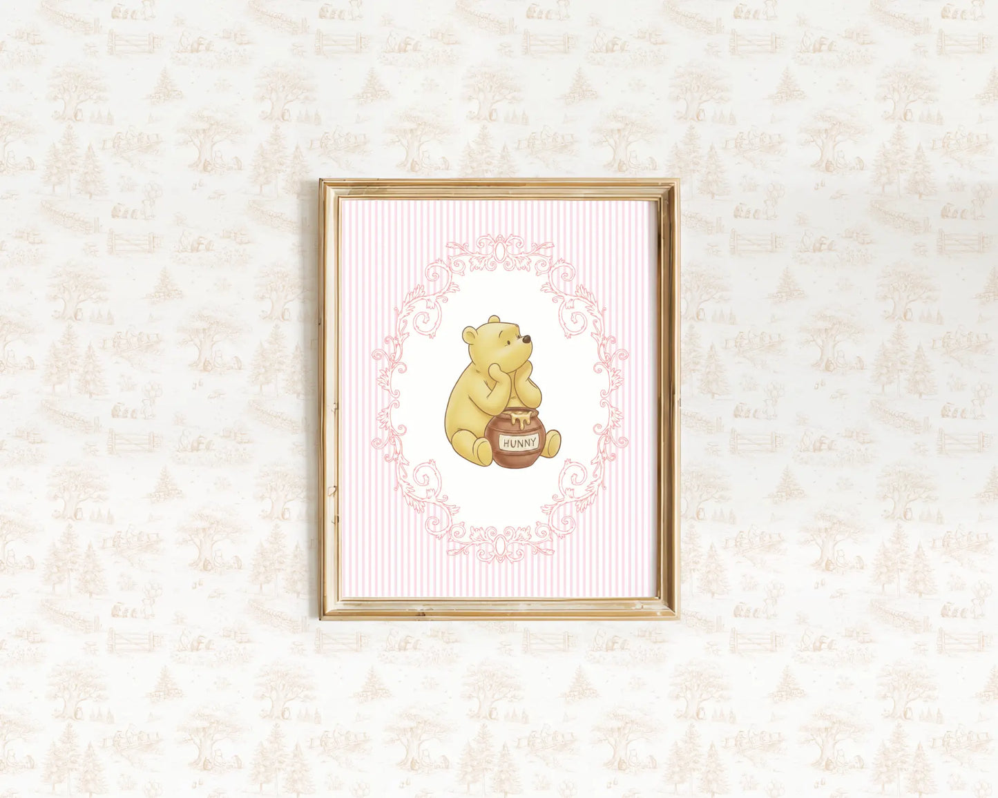 Classic Winnie the Pooh holding a honey pot on a pink striped background nursery art