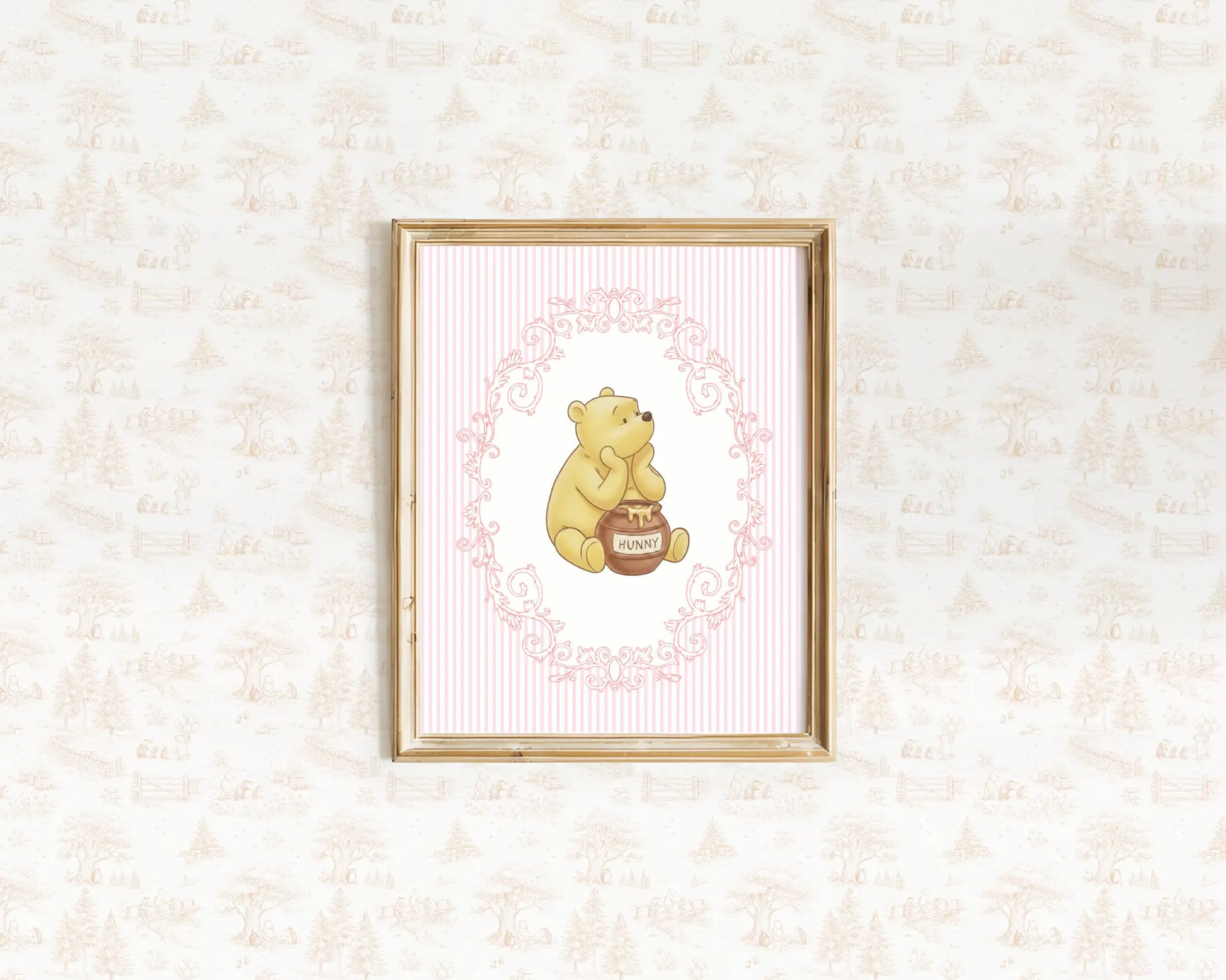 Classic Winnie the Pooh holding a honey pot on a pink striped background nursery art