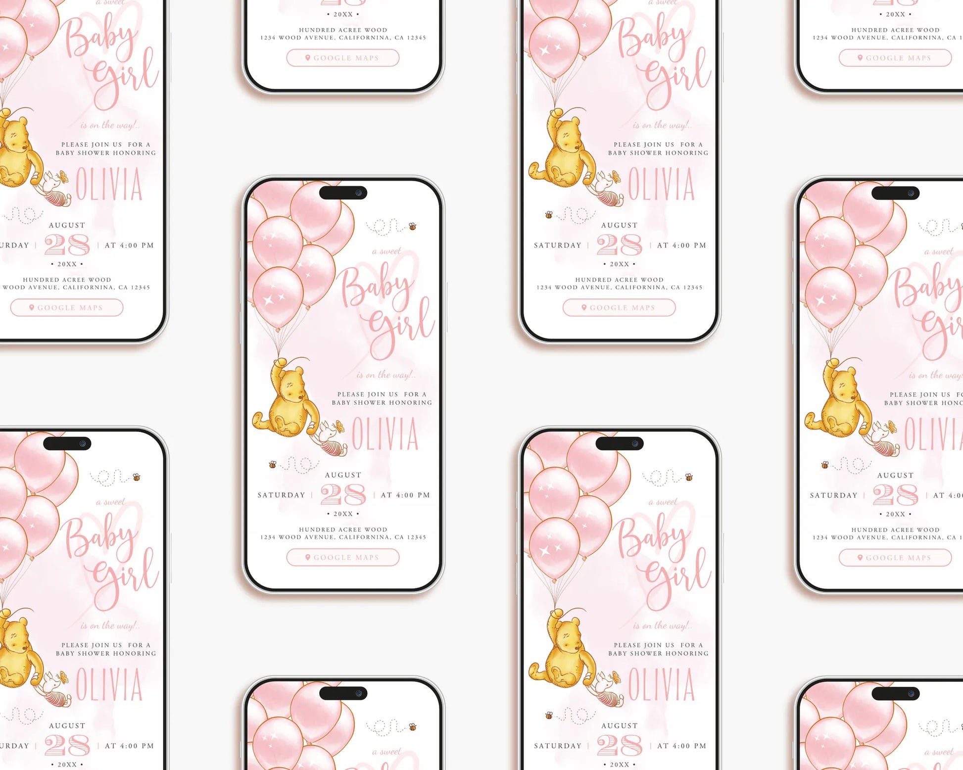 Pattern display of multiple smartphones showing the pink Winnie the Pooh baby shower invitation
