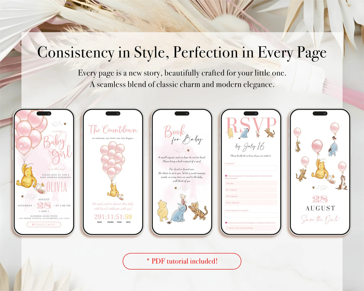 A collection of mobile screens showing consistent design for baby shower invitation and RSVP pages